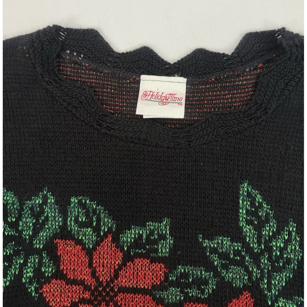 VTG Holiday Time Black Poinsettia Metallic Christmas Sweater Womens Size M - Picture 5 of 9